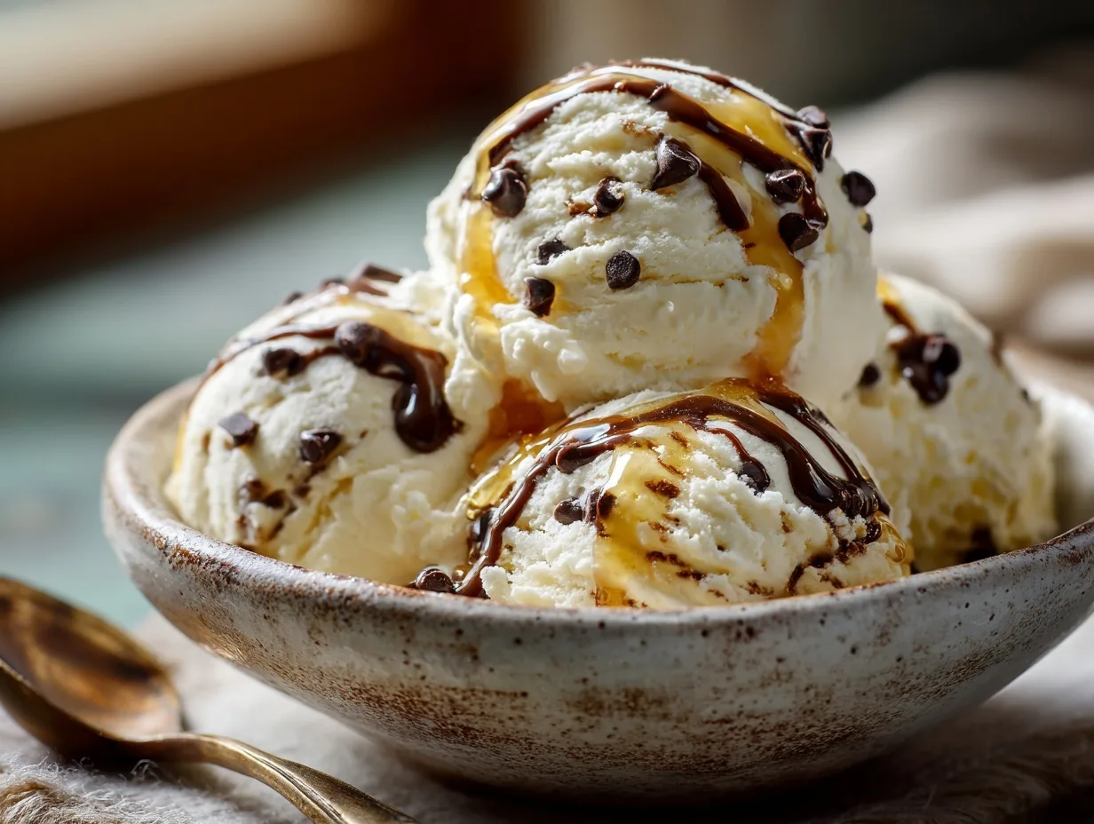 Vanilla cottage cheese ice cream with honey and chocolate drizzle in a rustic bowl