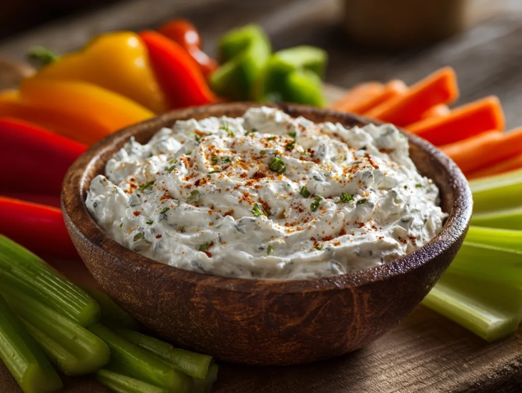 2-Ingredient Cottage Cheese Ranch Dip (High Protein) 10 Hand dipping cucumber into cottage cheese ranch dip with fresh vegetables