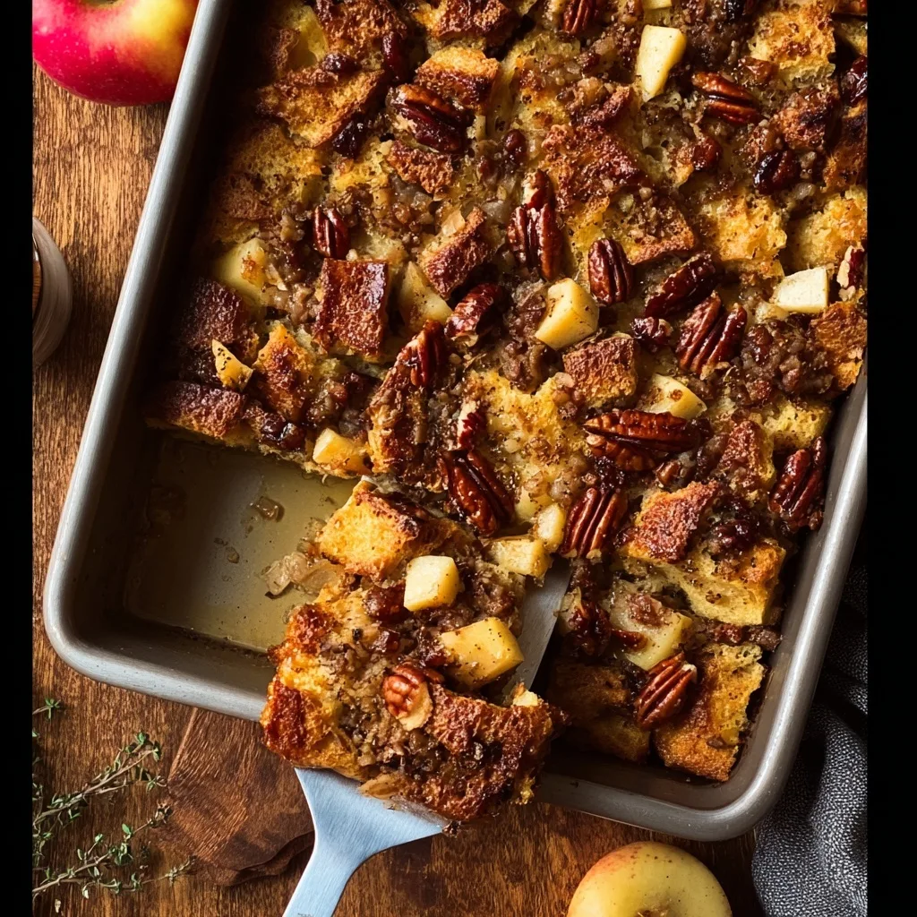 Slice of apple french toast bake lifted from baking dish