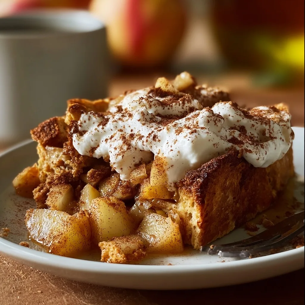 Apple french toast bake topped with Greek yogurt and cinnamon