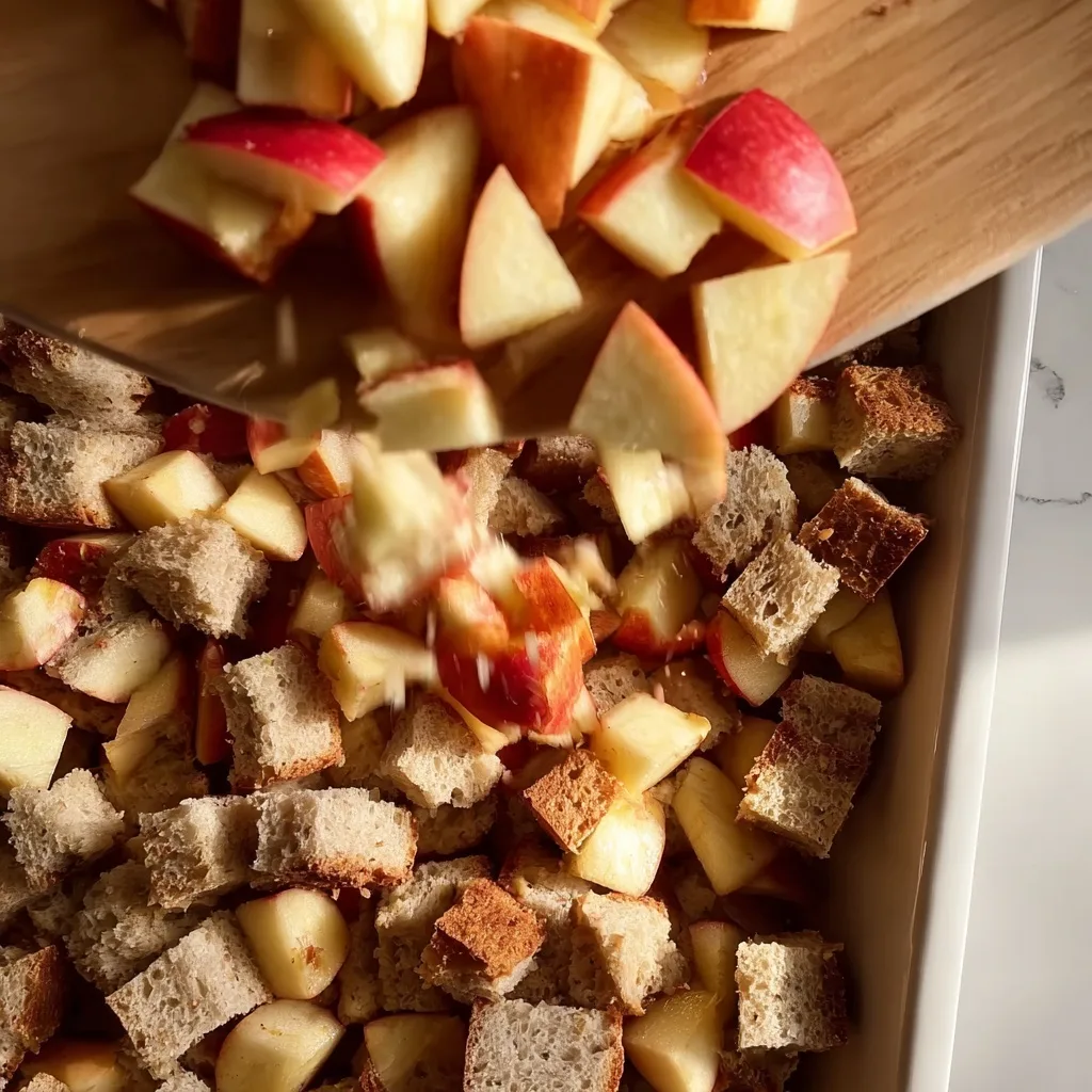 Chopped apples added to cubed bread for High Protein Apple Pie French Toast Bake