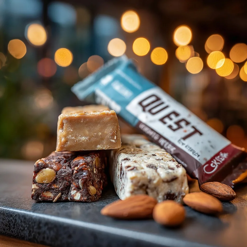 25 High Protein Snacks for Muscle Gain to Maximize Recovery & Results 5 Assorted protein bars with almonds on a table