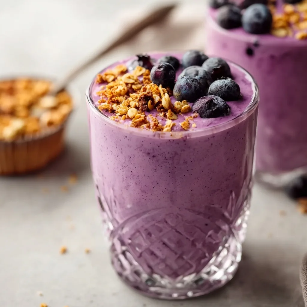 Blueberry muffin smoothies topped with granola and blueberries in decorative glasses