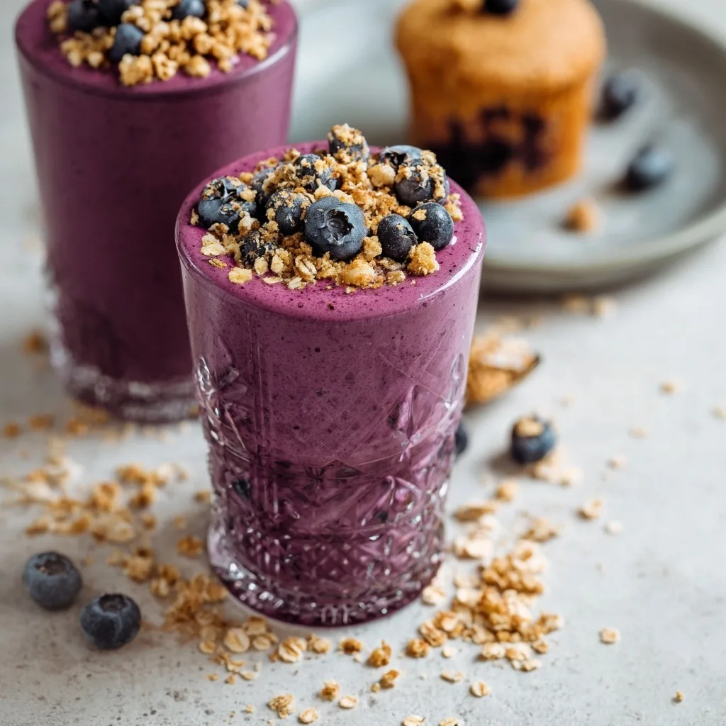Blueberry muffin smoothie in decorative glass topped with granola and blueberries