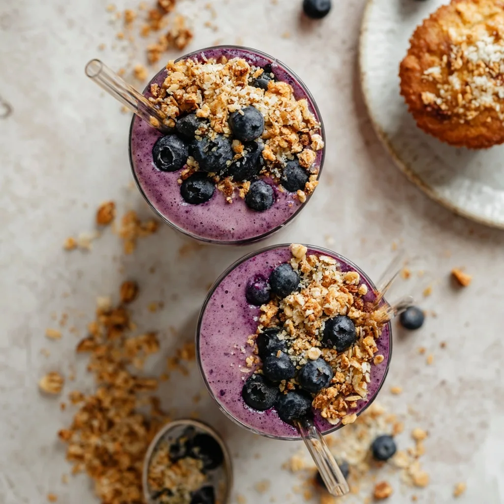 Two blueberry muffin smoothies topped with granola and blueberries, served with glass straws