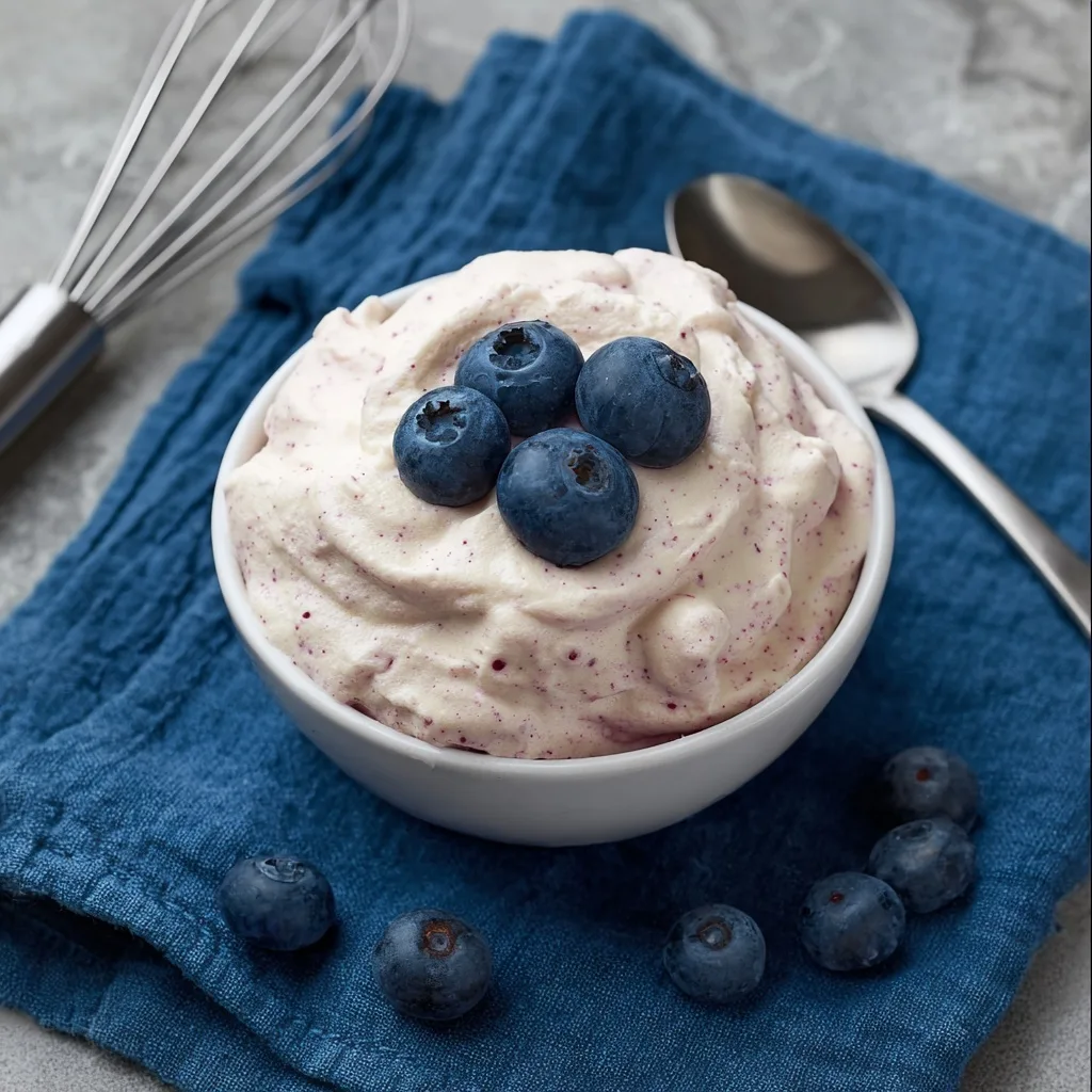Blueberry Protein Fluff in a white bowl topped with fresh blueberries