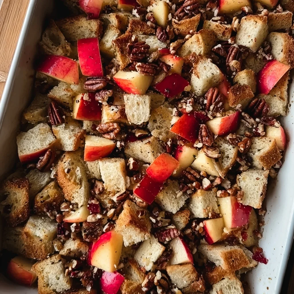 Baking dish with bread cubes, apples, and pecans for protein french toast bake