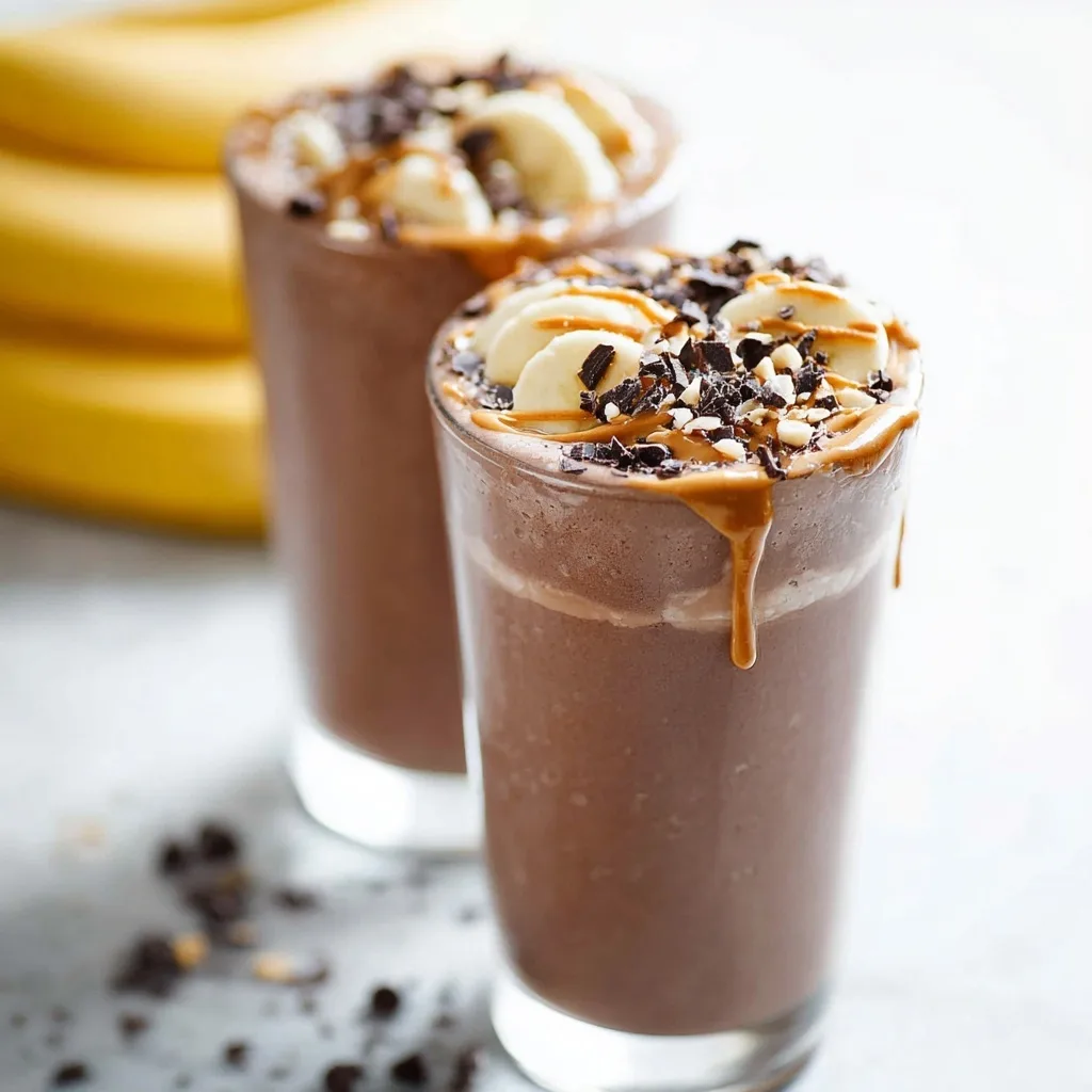 25 High Protein Snacks for Muscle Gain to Maximize Recovery & Results 18 Chocolate banana protein shake topped with peanut butter and banana slices