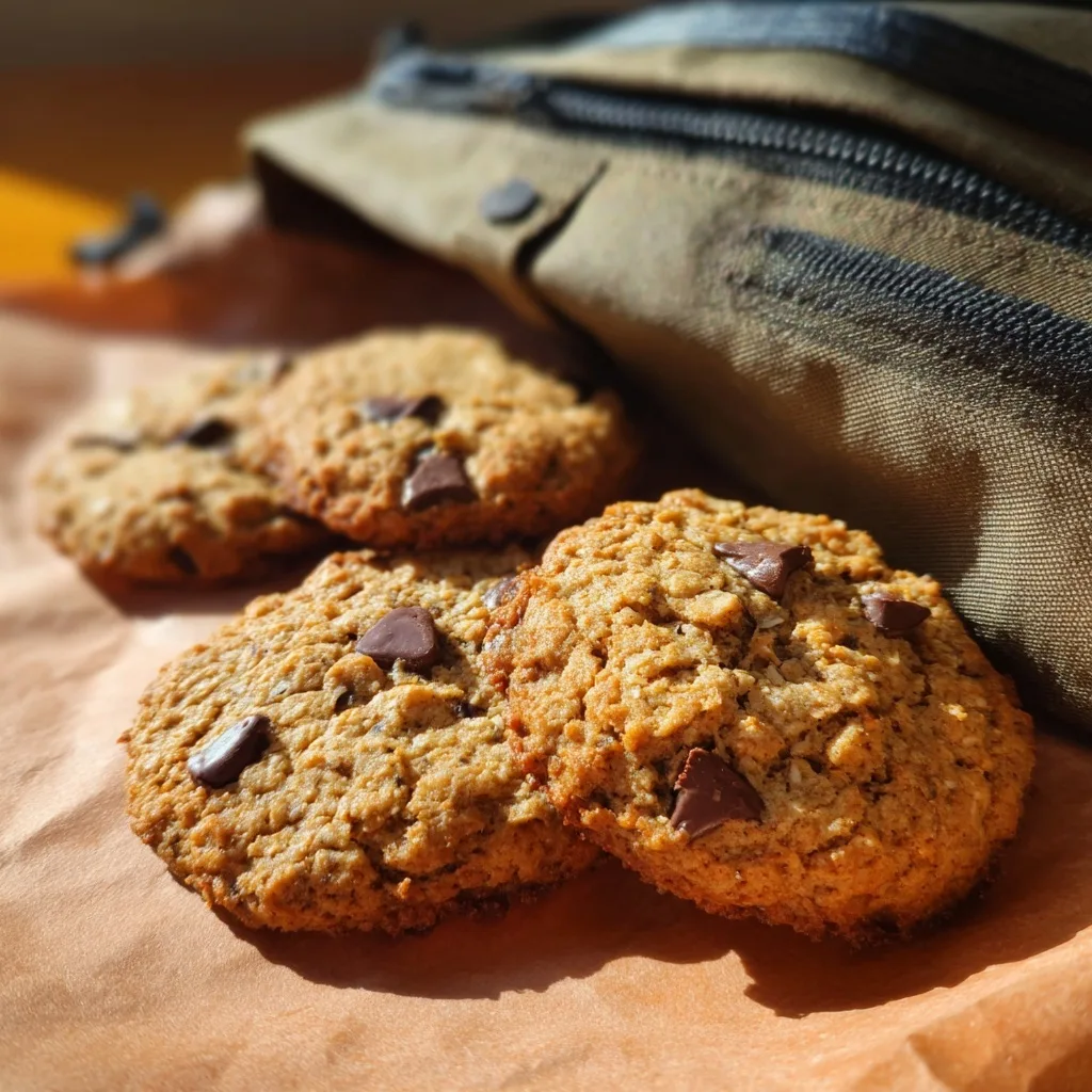 25 High Protein Snacks for Muscle Gain to Maximize Recovery & Results 26 Chocolate chip protein cookies on parchment beside a backpack