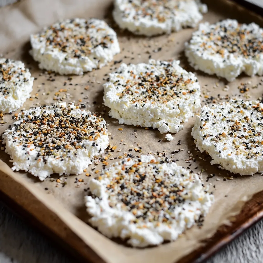 Cottage Cheese Flatbread Chips (High-Protein Snack) 10 Raw Cottage Cheese Flatbread Chips with everything bagel seasoning on parchment