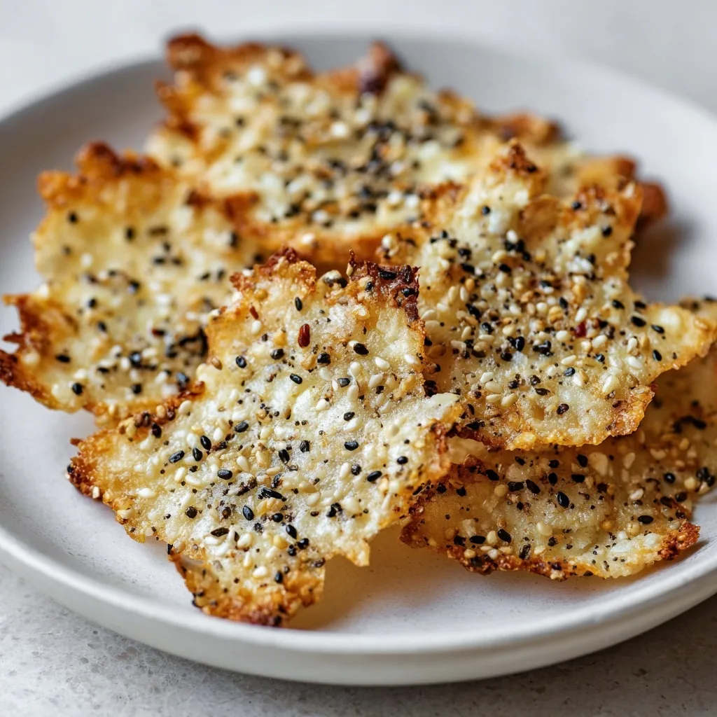 Cottage Cheese Flatbread Chips (High-Protein Snack) 11 Crispy cottage cheese chips with sesame and black seeds on a white plate