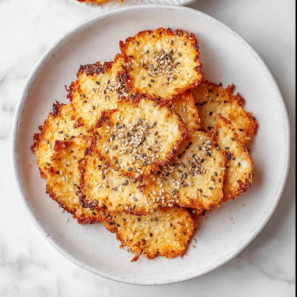 Cottage Cheese Flatbread Chips (High-Protein Snack) 9 Golden cottage cheese chips with sesame seeds on a white plate