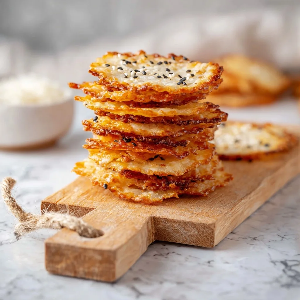 Cottage Cheese Flatbread Chips (High-Protein Snack) 7 Stack of golden cottage cheese chips with sesame seeds on wooden board