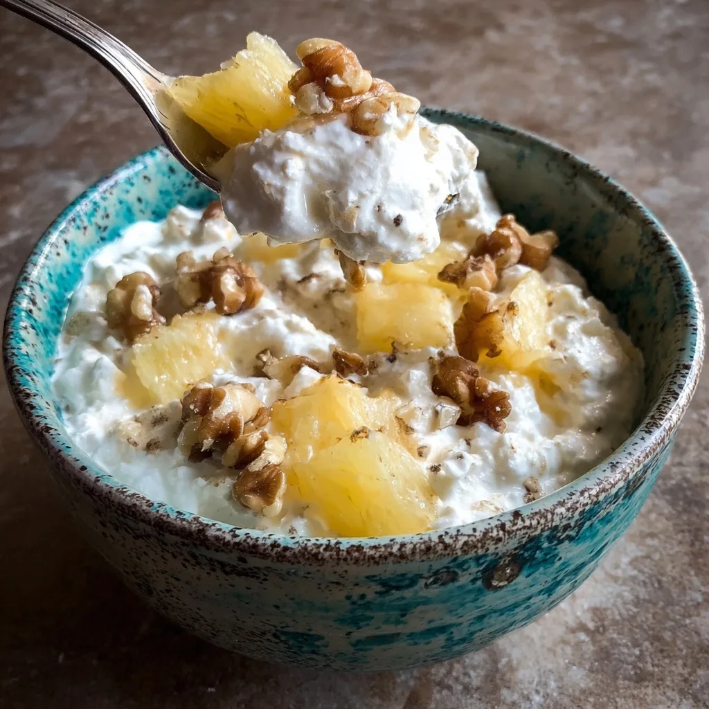 25 High Protein Snacks for Muscle Gain to Maximize Recovery & Results 7 Cottage cheese with pineapple chunks and walnuts in a bowl