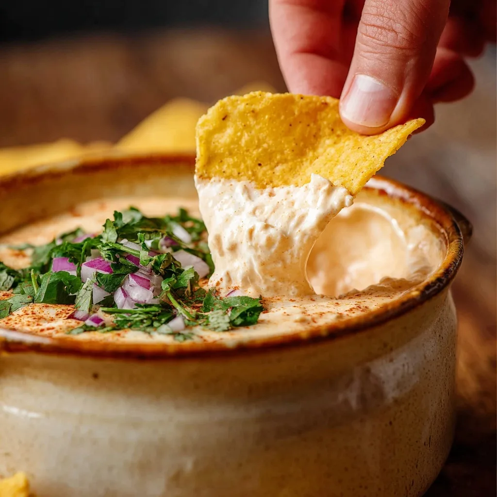 Cottage Cheese Queso – Creamy 3-Ingredient Recipe 9 Hand dipping tortilla chip into creamy cottage cheese queso with cilantro and onion