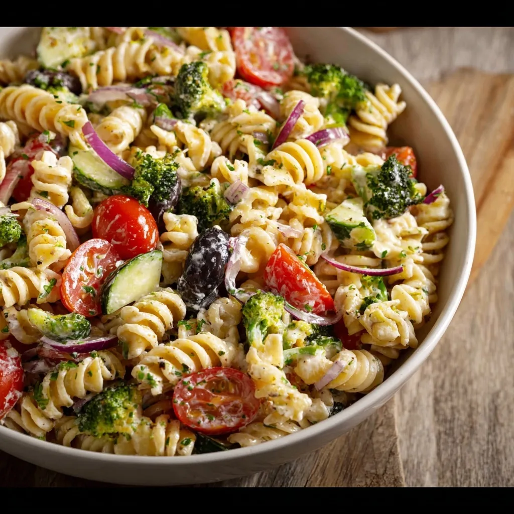 Creamy high protein pasta salad with rotini, cherry tomatoes, cucumbers, and broccoli.
