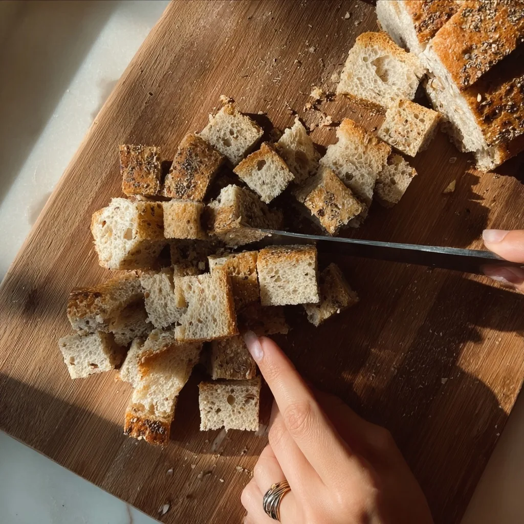 Cubing high protein bread on cutting board for french toast bake