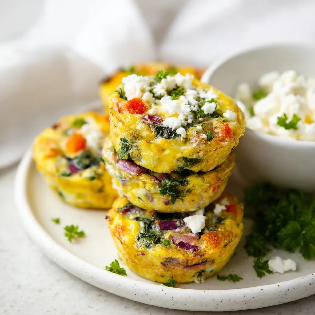 25 High Protein Snacks for Muscle Gain to Maximize Recovery & Results 22 Egg muffins with spinach, peppers, and feta on a plate