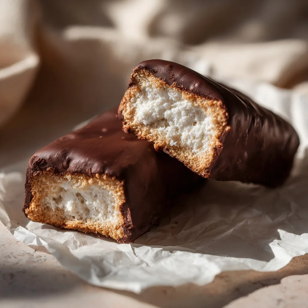 Fluff protein bar with airy marshmallow center and chocolate coating
