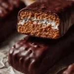 Fluff Protein Bars with marshmallow filling and chocolate coating on parchment