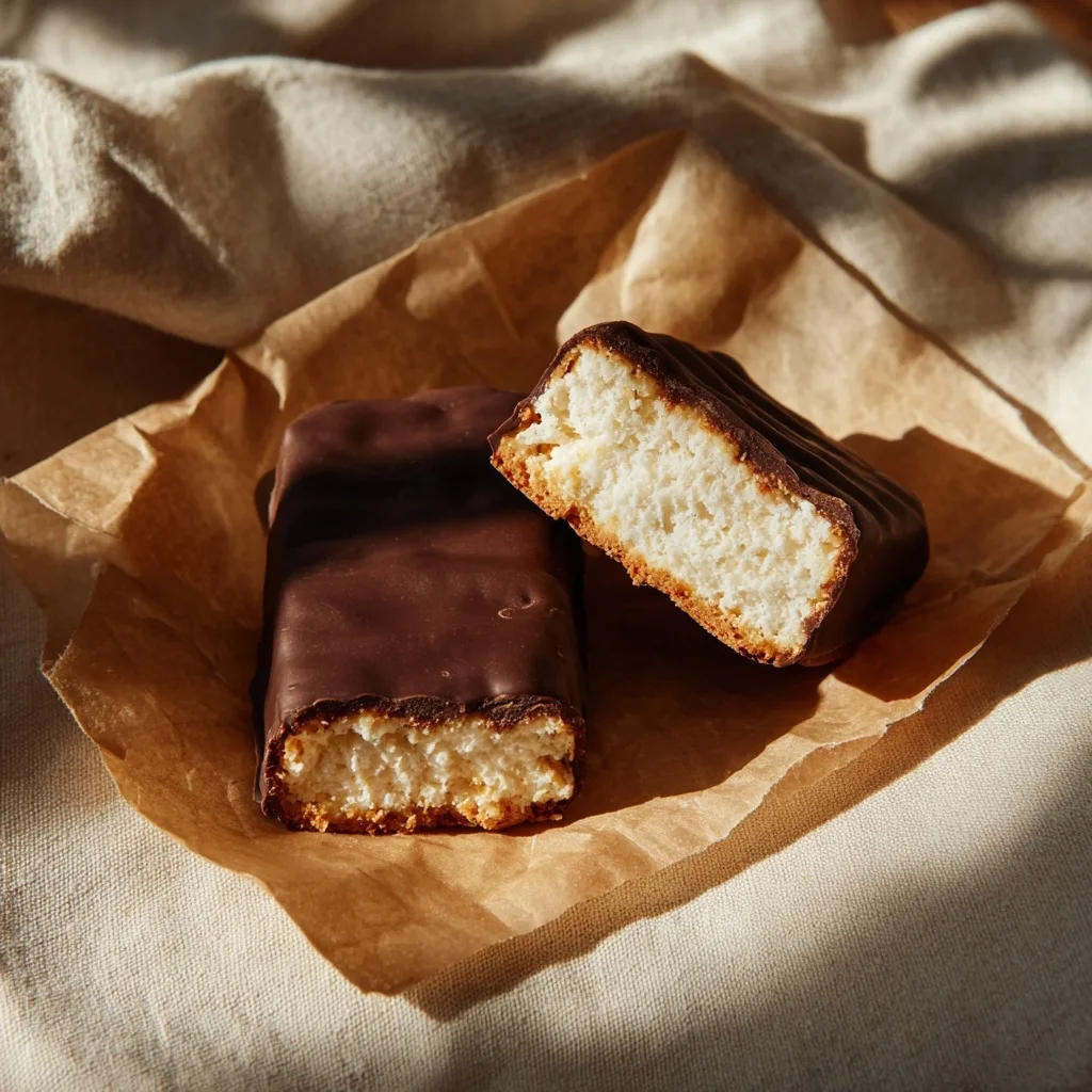 Fluff protein bars on parchment paper with soft interior and chocolate coating