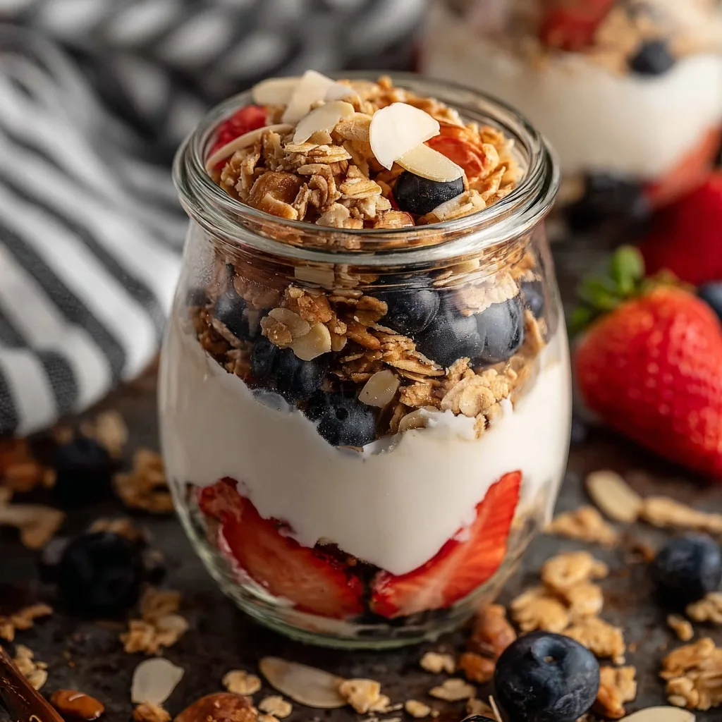 25 High Protein Snacks for Muscle Gain to Maximize Recovery & Results 8 Greek yogurt parfait with granola, strawberries, and blueberries in a glass jar