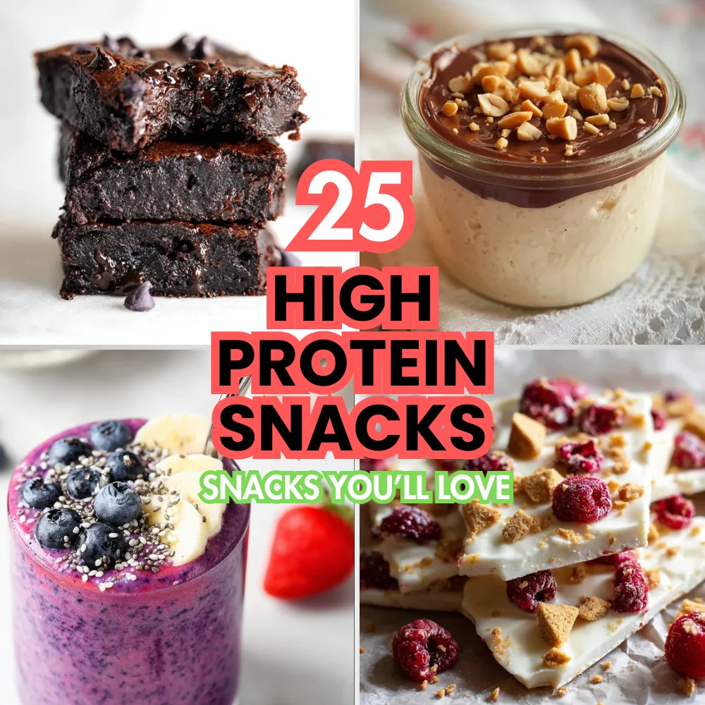 25 High Protein Snacks for Muscle Gain to Maximize Recovery & Results 2 25 High Protein Snacks Assortment of high protein snacks including brownies, yogurt, smoothies, and frozen bark