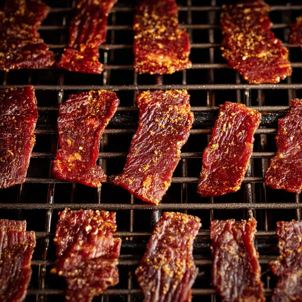25 High Protein Snacks for Muscle Gain to Maximize Recovery & Results 12 Homemade beef jerky slices drying on a rack with seasoning