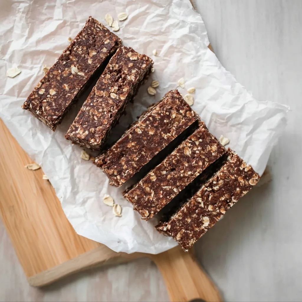 25 High Protein Snacks for Muscle Gain to Maximize Recovery & Results 4 Homemade chocolate oat protein bars stacked on parchment