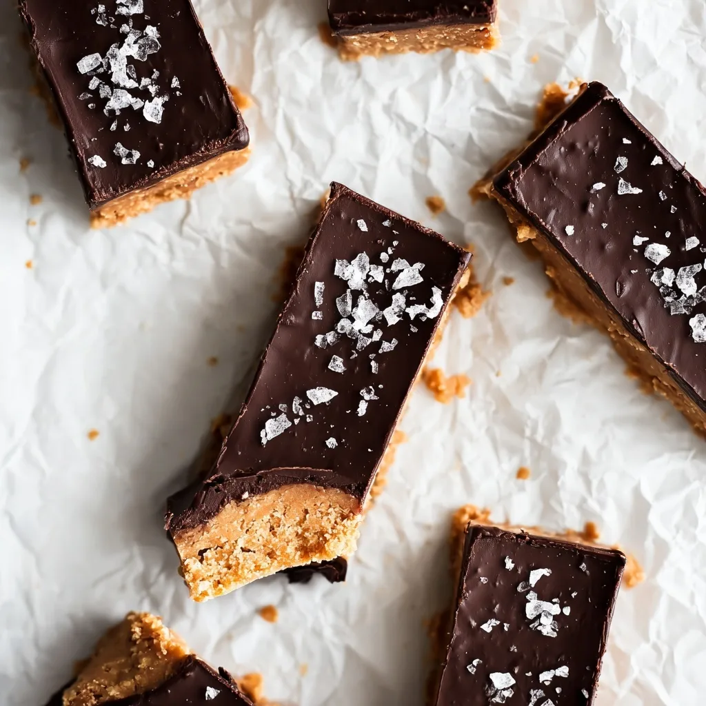 25 High Protein Snacks for Muscle Gain to Maximize Recovery & Results 3 Chocolate peanut butter protein bars with sea salt on parchment