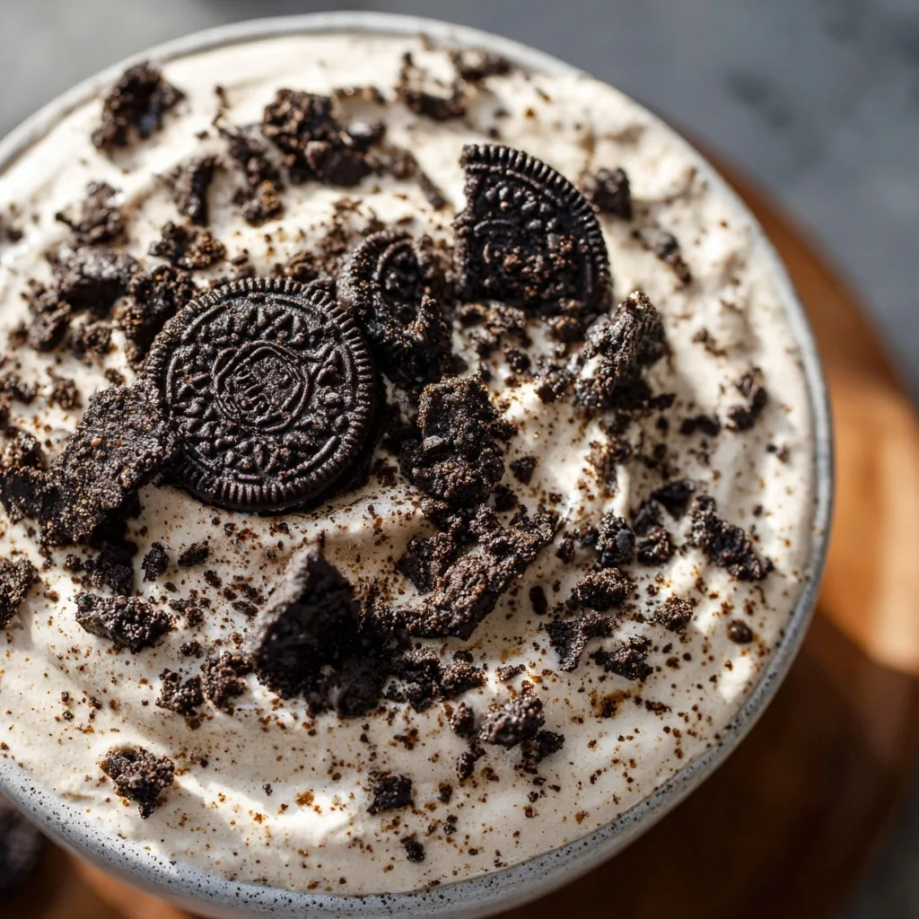 Oreo Protein Fluff dessert topped with crushed cookies