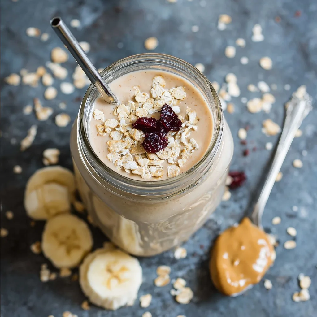25 High Protein Snacks for Muscle Gain to Maximize Recovery & Results 20 Peanut butter oat protein shake with banana and cranberries