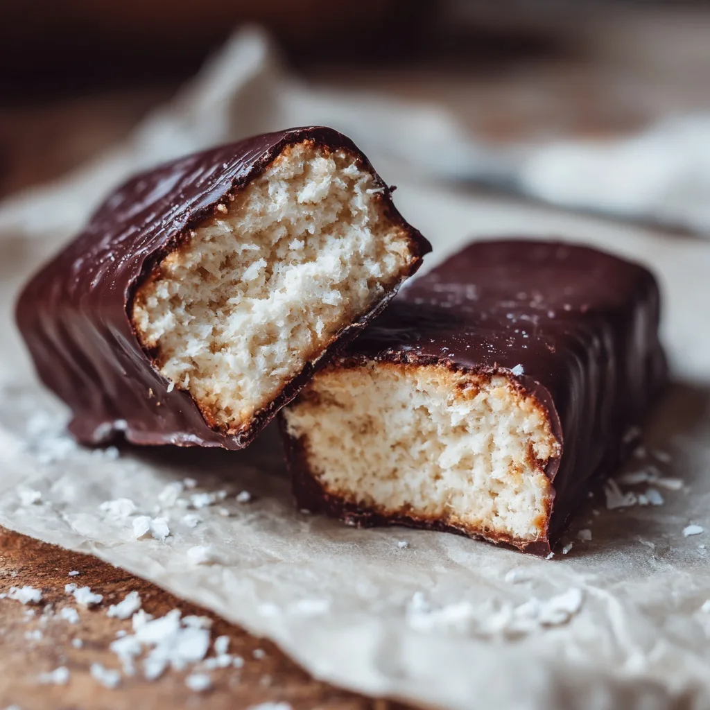 Protein Fluff Bars coated in dark chocolate with coconut filling