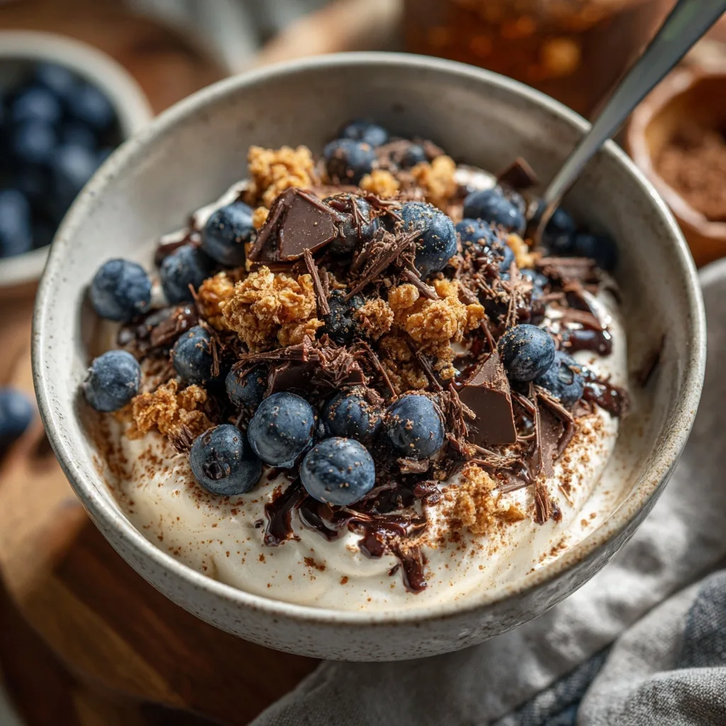 Protein Fluff topped with blueberries, granola, and chocolate shavings