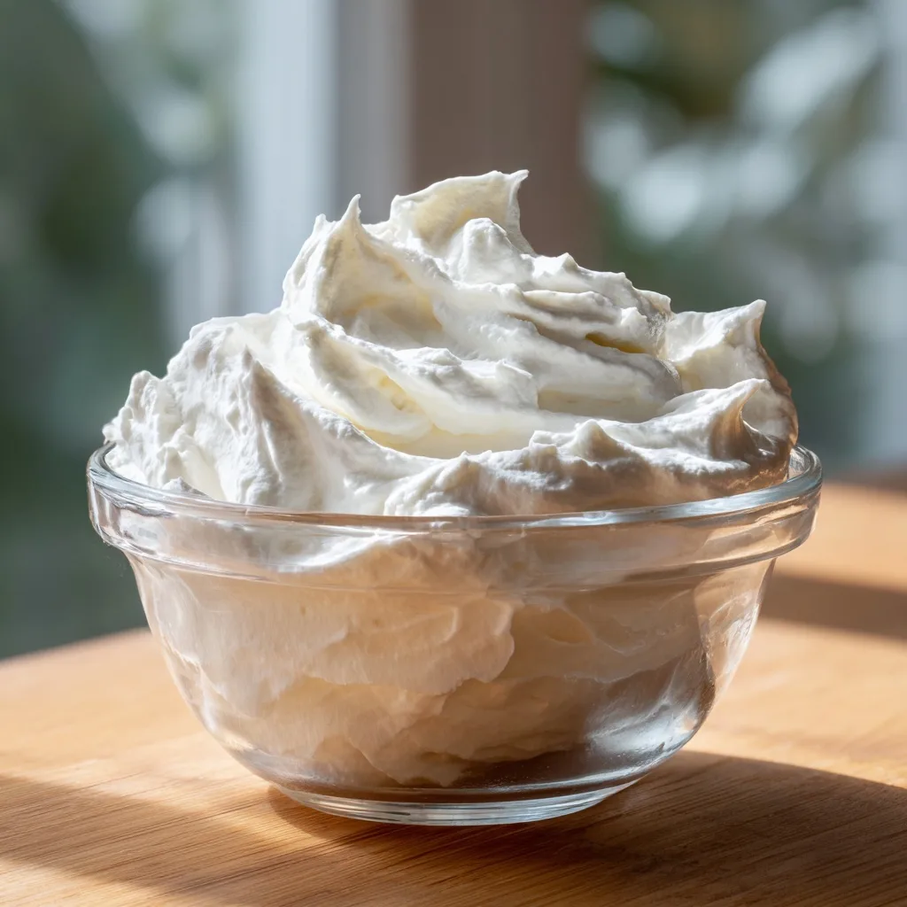 Protein Marshmallow Fluff Recipe – Fluffy, Sweet & Guilt-Free 4 Protein marshmallow fluff with soft peaks in glass bowl on wooden table
