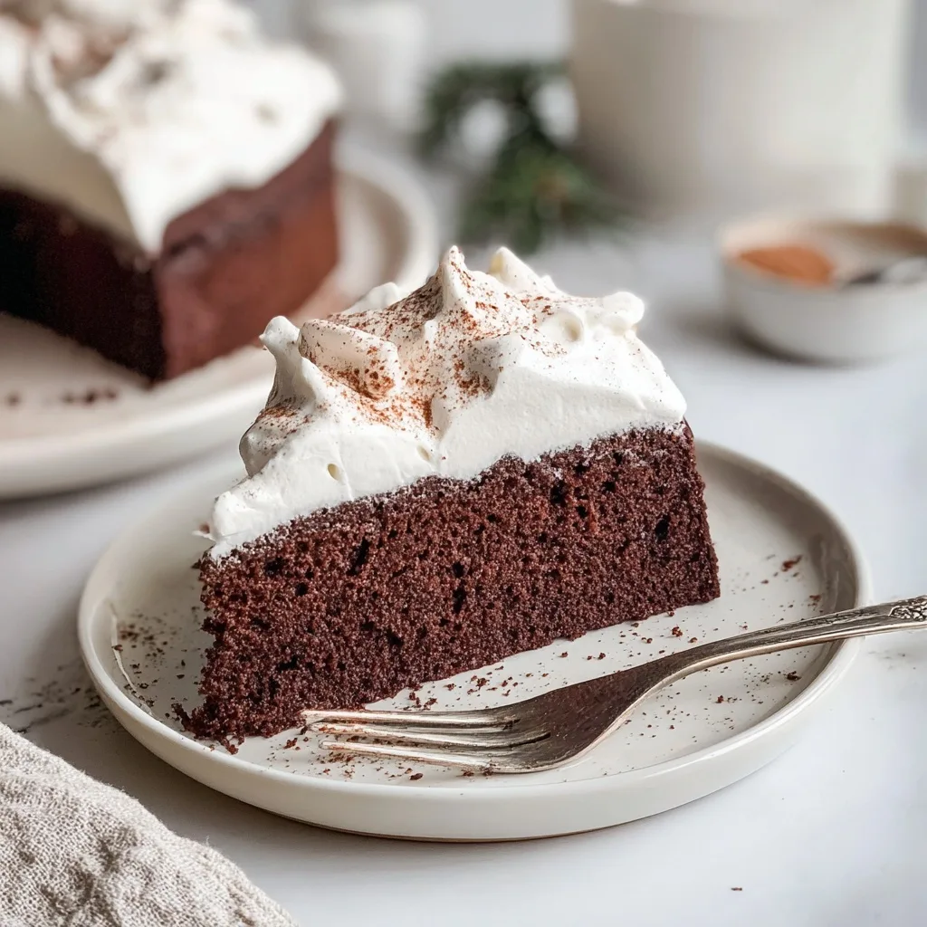 Chocolate protein cake slice topped with whipped protein fluff cream