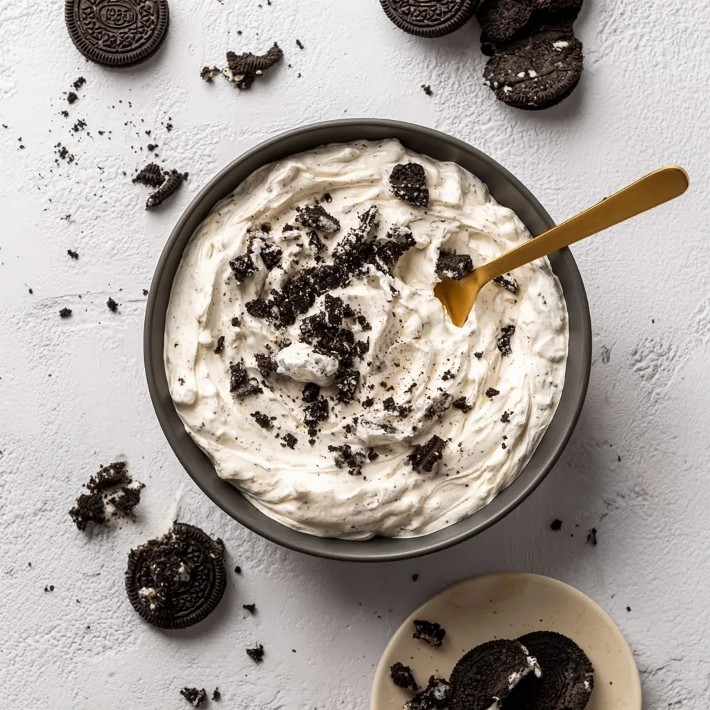 Bowl of protein Oreo fluff topped with crushed cookies and spoon