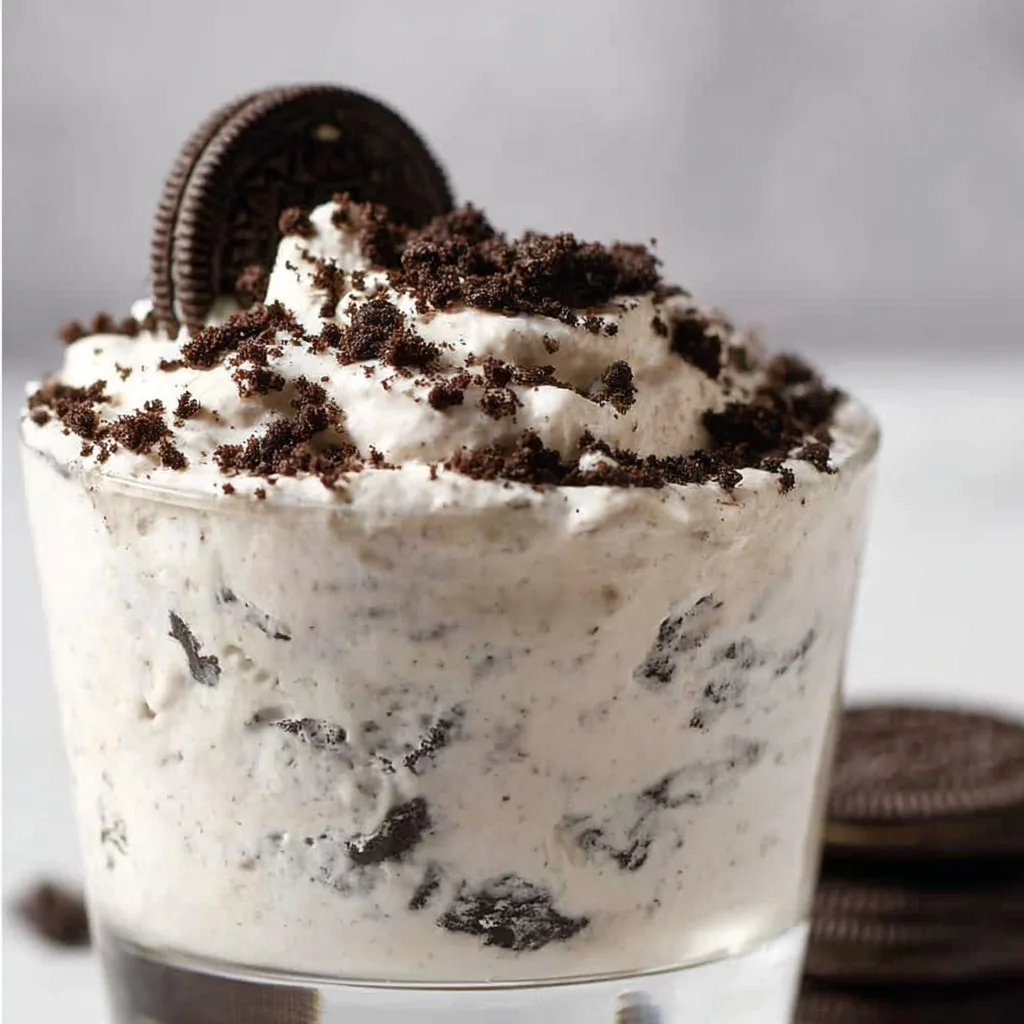 Protein Oreo fluff in glass cup topped with crushed cookies