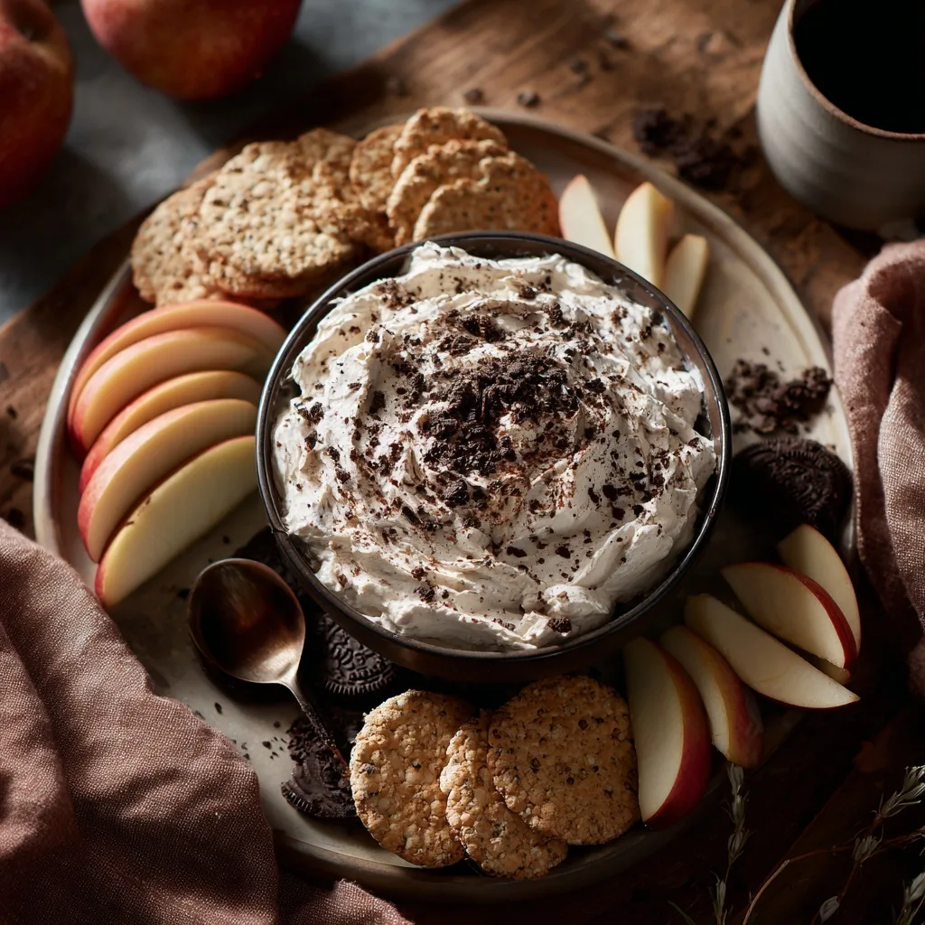 Protein Oreo fluff dip with apples and cookies on rustic tray