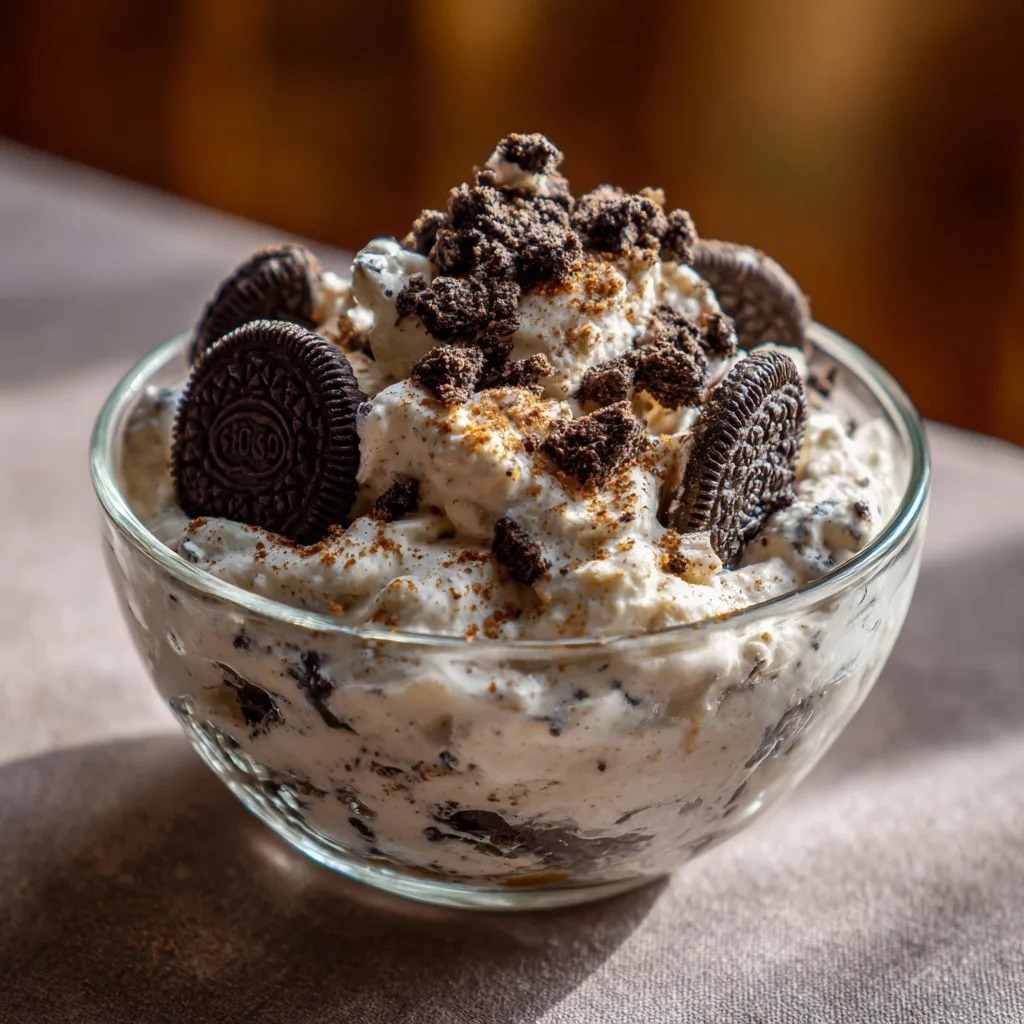 Glass bowl of protein Oreo fluff topped with crushed and whole cookies