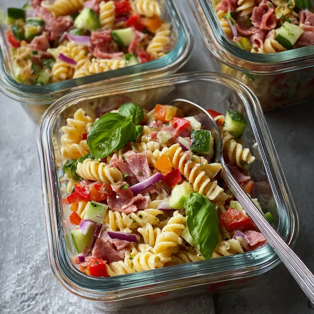High protein pasta salad with rotini, deli meats, cucumbers, and peppers in glass containers.