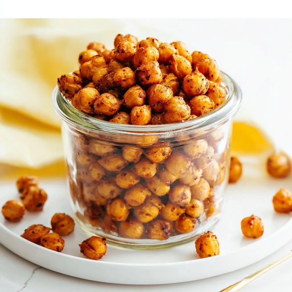 25 High Protein Snacks for Muscle Gain to Maximize Recovery & Results 10 Crispy roasted chickpeas seasoned with spices in a glass jar