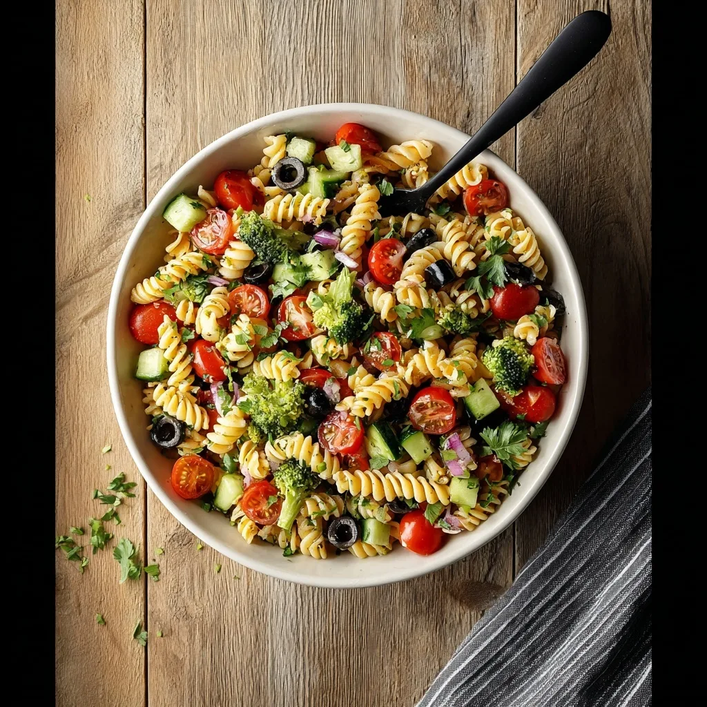 High protein pasta salad with rotini, tomatoes, cucumbers, broccoli, and olives in a white bowl.