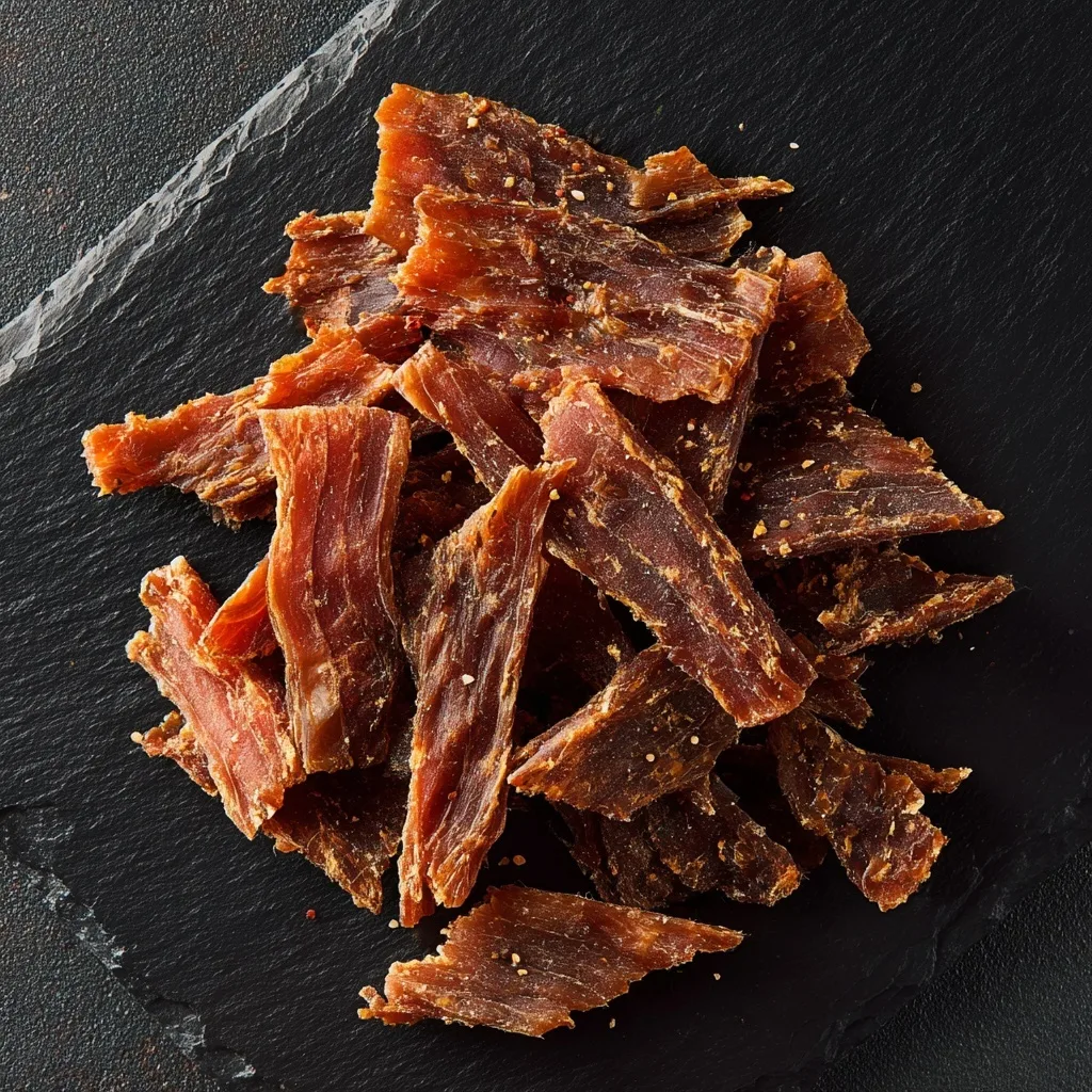 25 High Protein Snacks for Muscle Gain to Maximize Recovery & Results 13 Pile of seasoned beef jerky strips on a black slate board