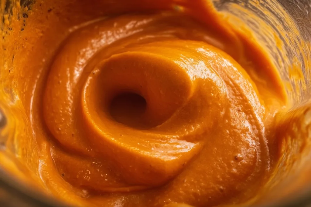 Close-up of creamy high-protein tomato soup blending smoothly