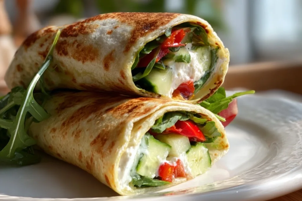High-protein cottage cheese wraps filled with fresh vegetables on a white plate