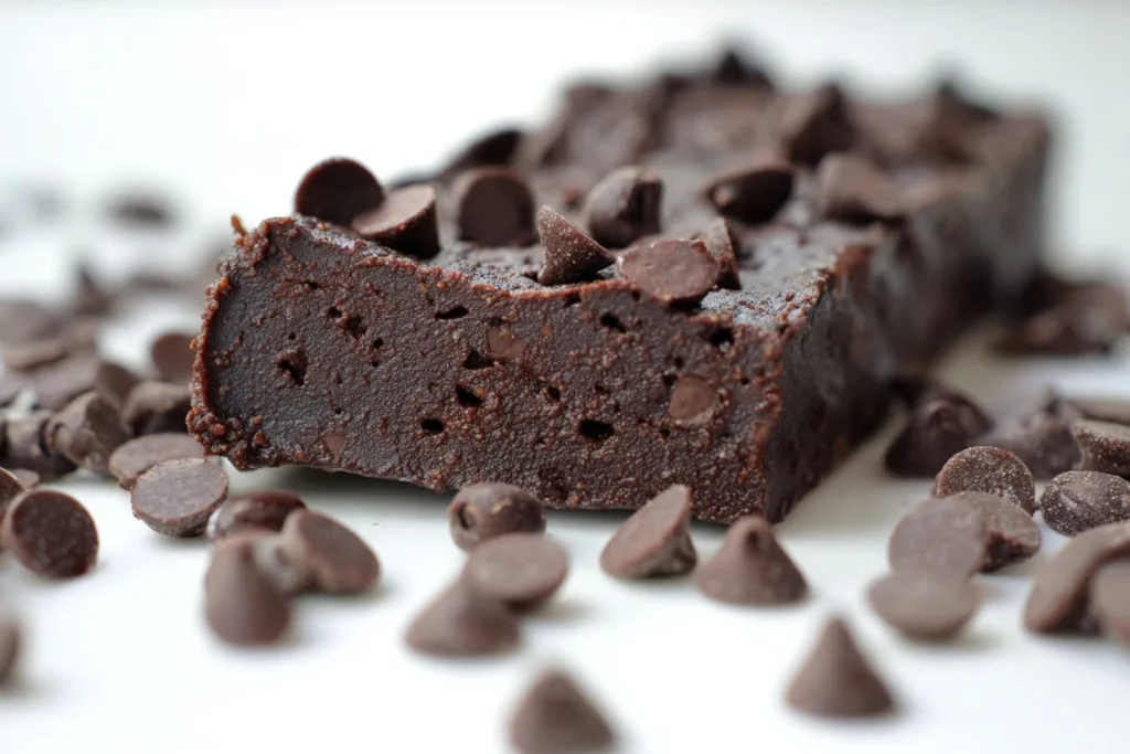 2-Ingredient Black Bean Protein Bars (No Bake, High Protein Snack) 7 rich chocolate black bean protein bars with chocolate chips on white surface