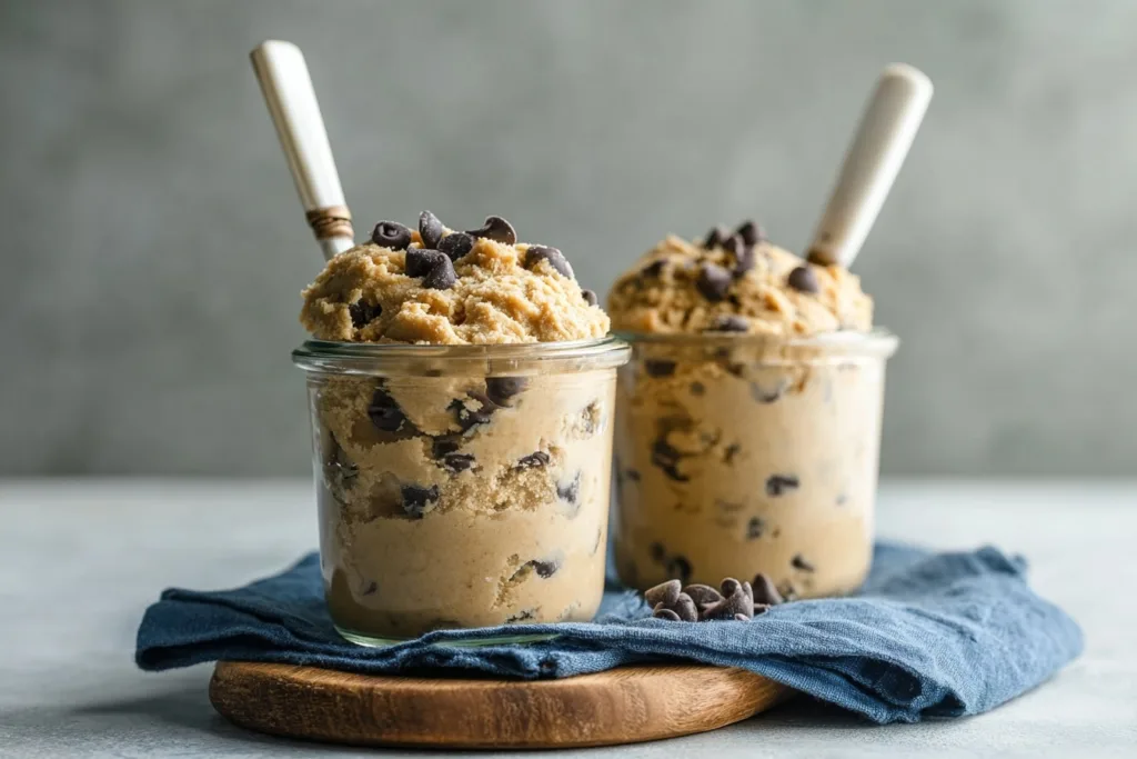 2-Ingredient Almond Chickpea Cookie Dough (High-Protein & No Bake) 6 two jars of almond chickpea cookie dough with chocolate chips