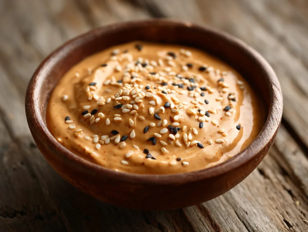 creamy spicy peanut-lime dipping sauce with sesame seeds