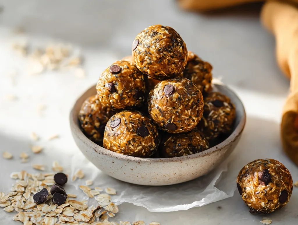 Pumpkin protein balls in a bowl with oats and chocolate chips